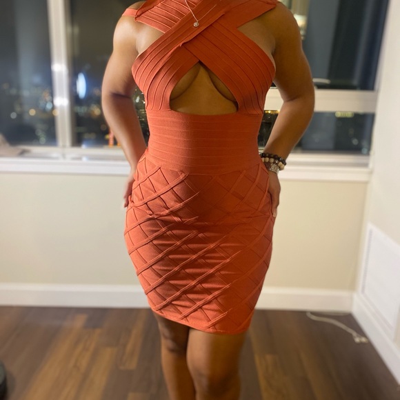 Burnt Orange Cross Neck Bandage Dress - Picture 10 of 11